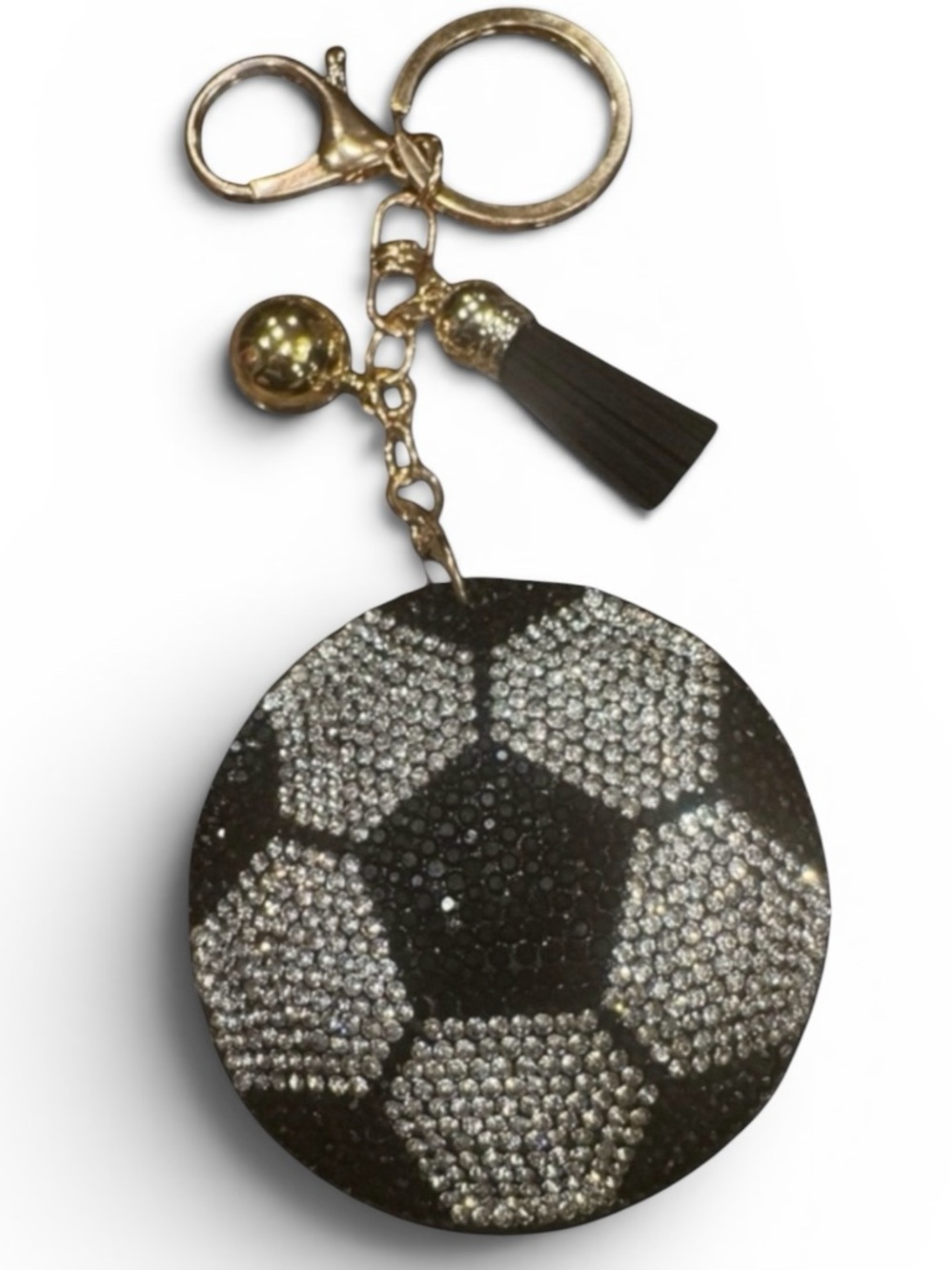 Soccer Ball Bag Charm Keychain – Black & Silver Rhinestones with Tassel Accent